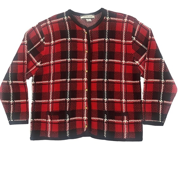 VTG Red Black Scotch Plaid Sweater Preppy Academia Old Money Quiet Luxury Preppy - Picture 1 of 4